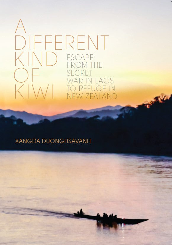 Book cover of 'A Different Kind Of Kiwi' featuring a boat on water during sunset Wai Ako Books Laos Kiwi refugee
